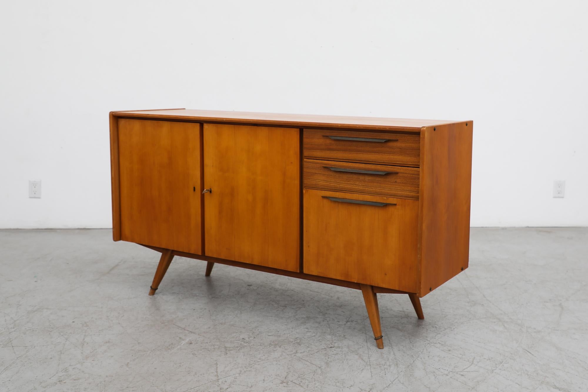 Dutch Franz Ehrlich Style Mid-Century Sideboard with Metal Handles & Drop Down Cabinet For Sale