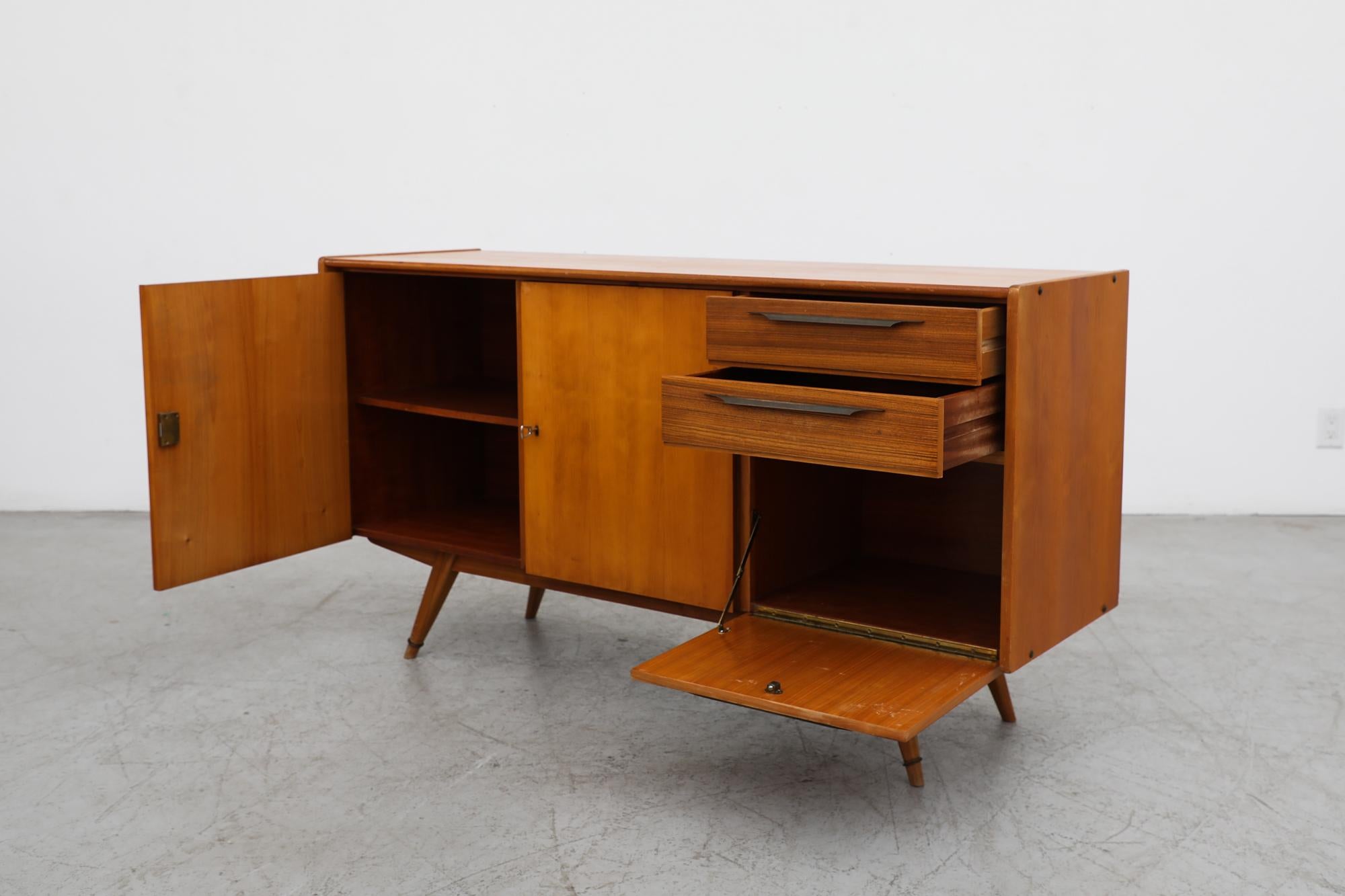 Franz Ehrlich Style Mid-Century Sideboard with Metal Handles & Drop Down Cabinet In Good Condition For Sale In Los Angeles, CA