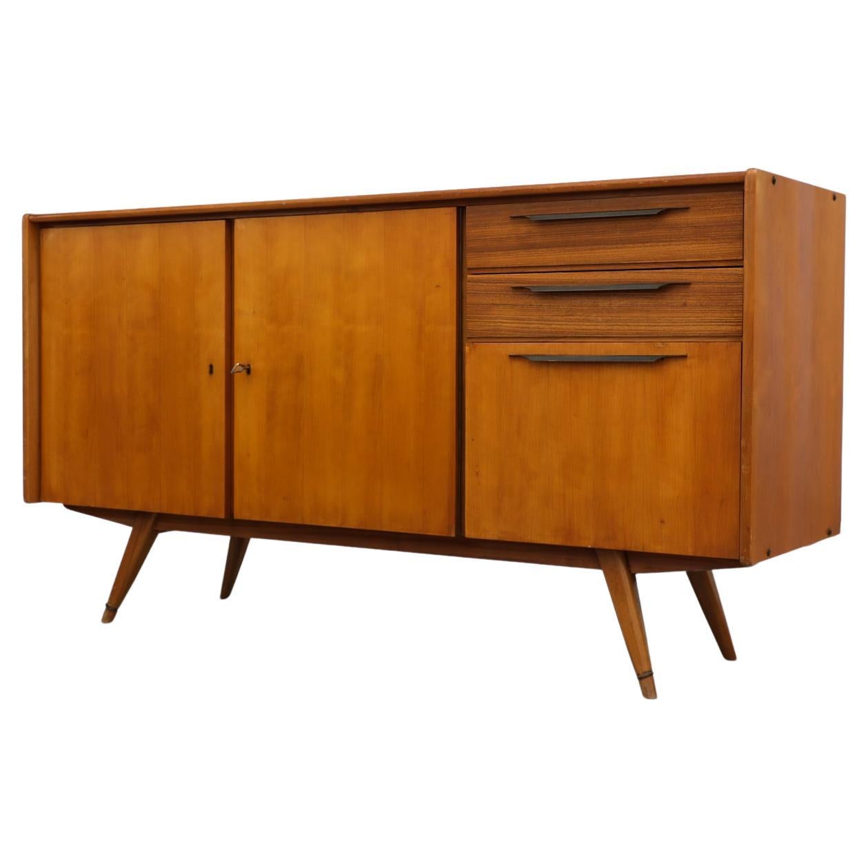 Franz Ehrlich Style Mid-Century Sideboard with Metal Handles & Drop Down Cabinet For Sale