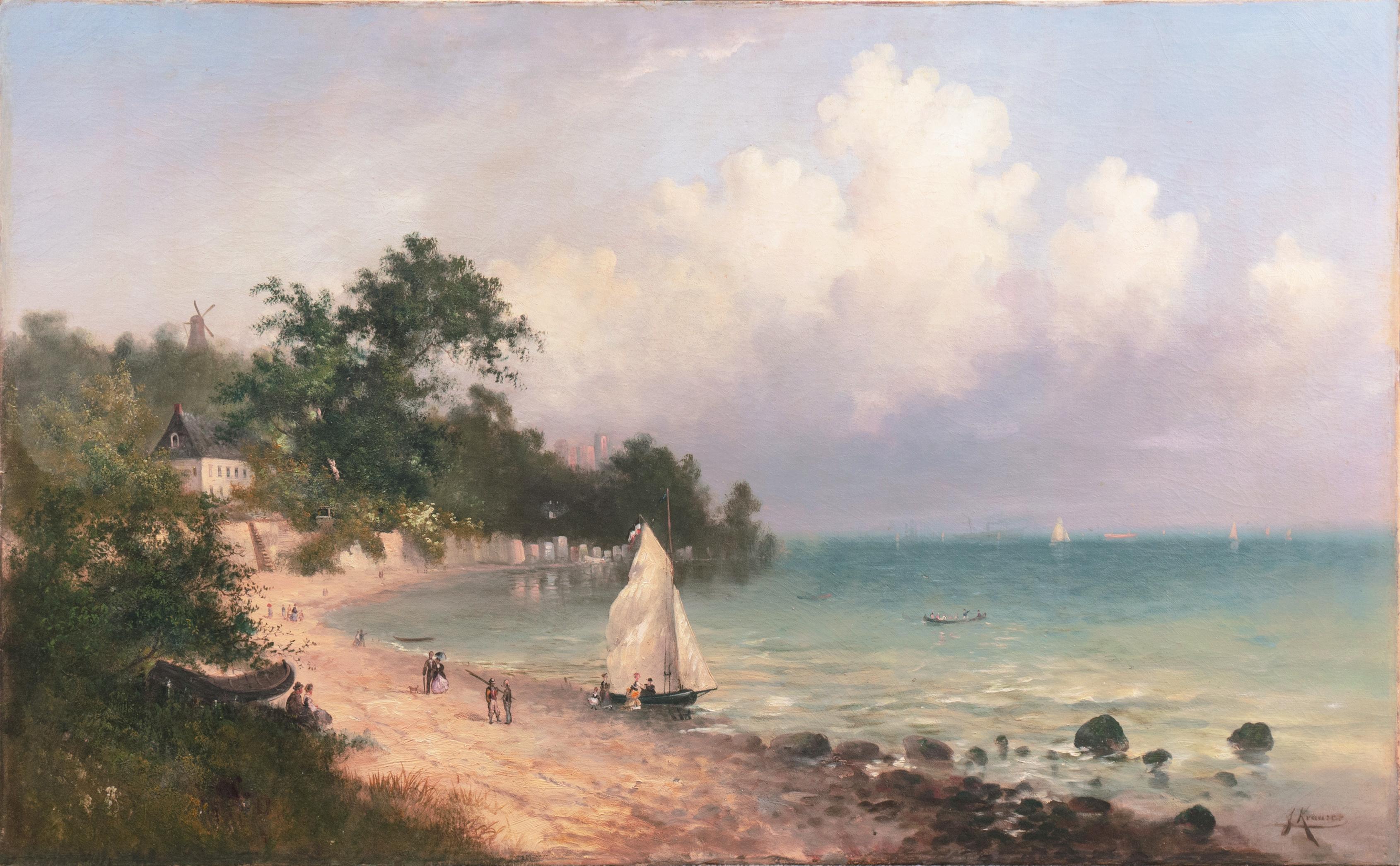 'Coastal Landscape', Berlin, Paris, Romantic Landscape, Riga, Benezit, Sailing - Painting by Franz Emil Krause