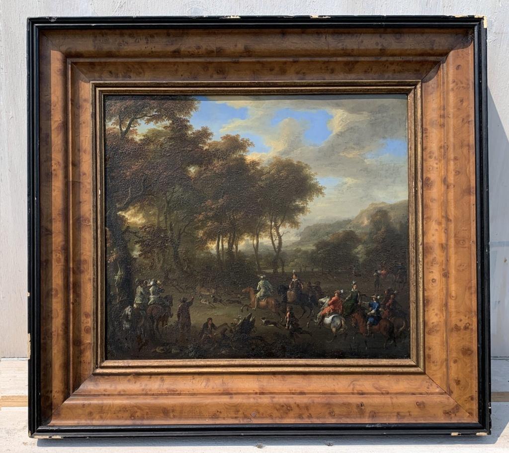 Franz Ferg de Paula (Vienna 1689 - London 1740) - Landscape with hunting scene.

32 x 36 cm without frame, 45 x 49 cm with frame.

Antique oil painting on copper, in a wooden frame.

- Work signed at the bottom center: “f. ferg”.

Condition report: