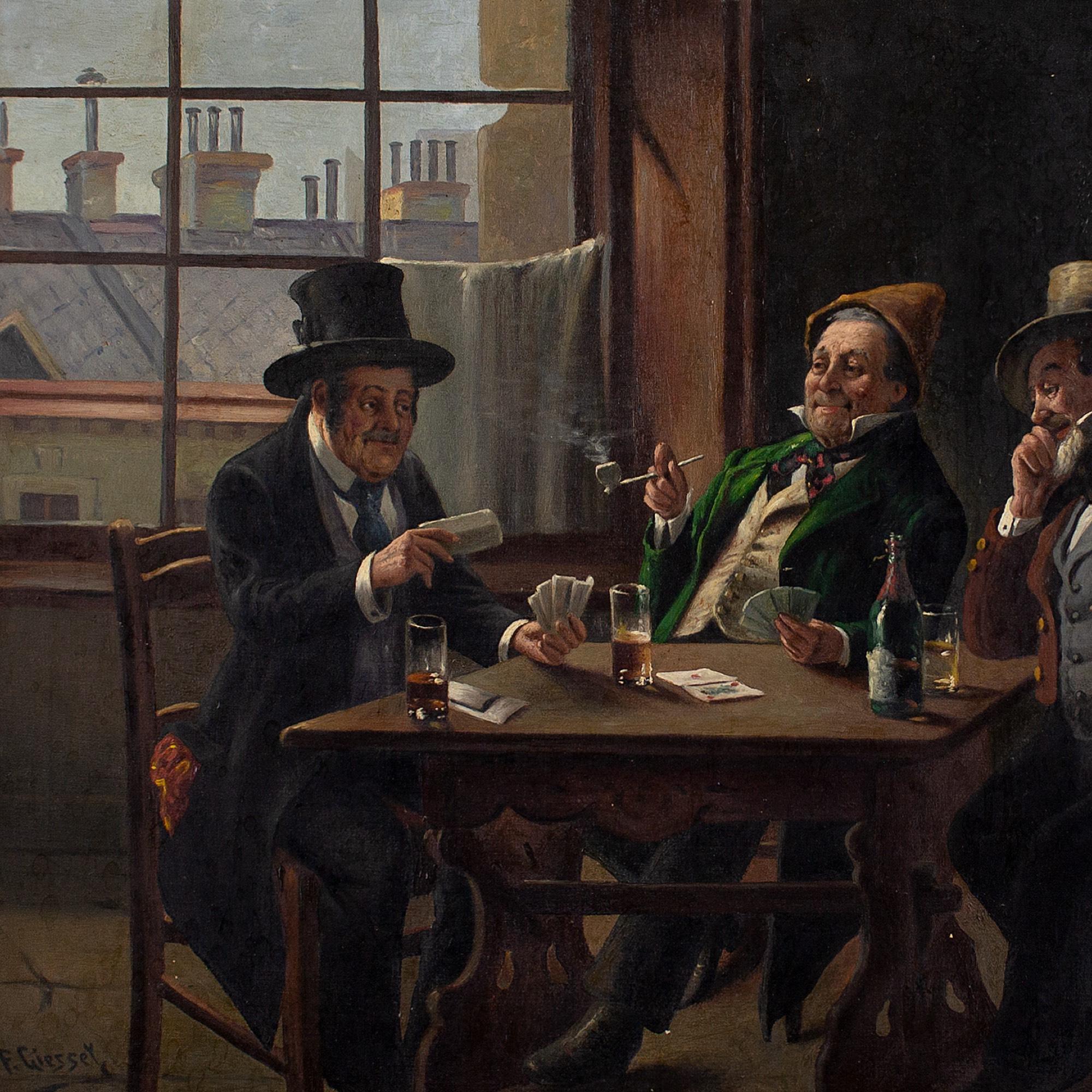 This fine early 20th-century genre scene by Austrian artist Franz Giessel (1902-1982) depicts three old friends playing cards at a tavern. On the right, a bearded gentleman rests one hand on his umbrella and looks across to another who is about to