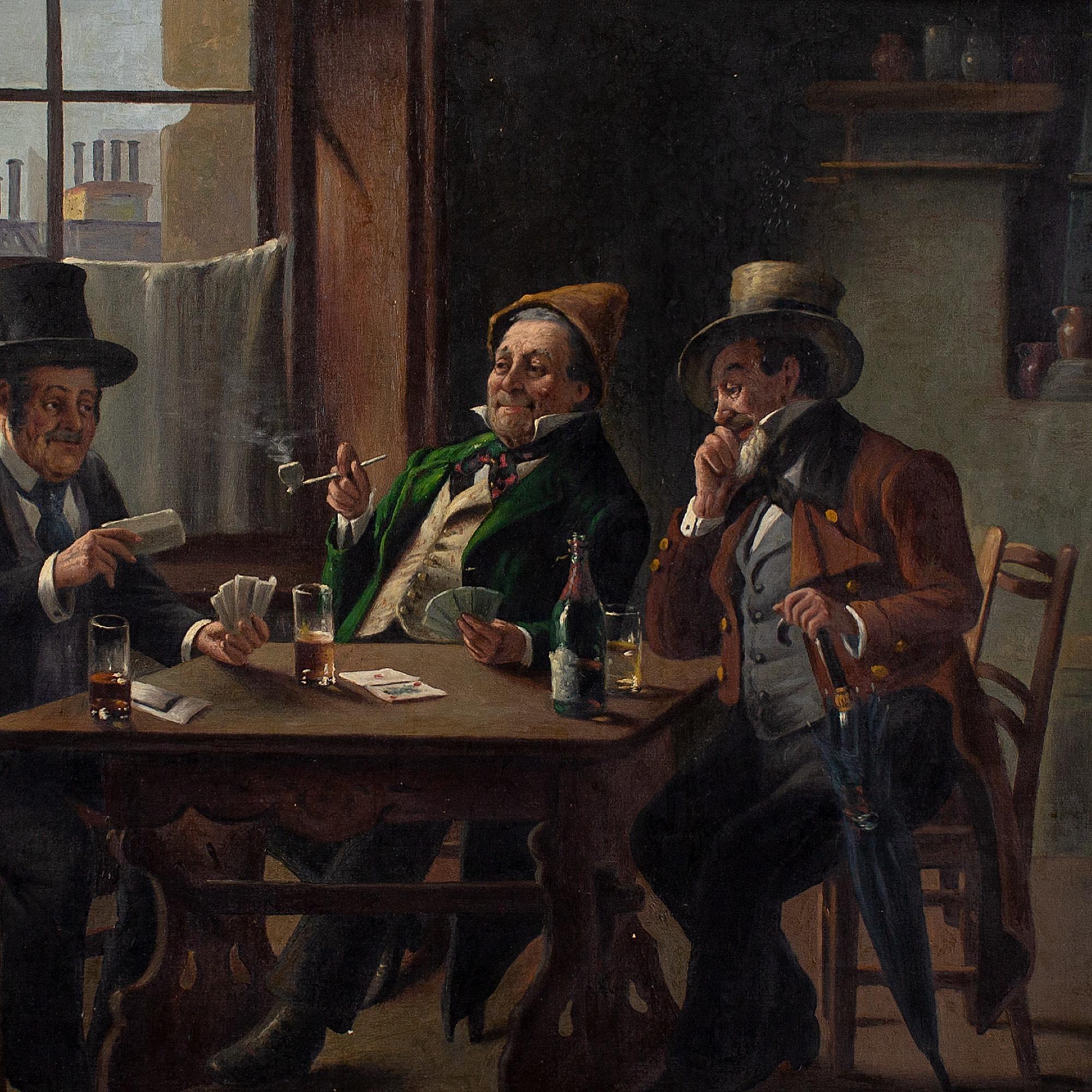 Franz Giessel, Tavern Scene With Card Players, Oil Painting 1