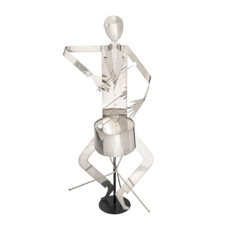 This set of two Art Deco nickel-plated Jazz Band sculptures, comprised of an upright saxophone player and a seated drummer, is crafted by Austrian artist Franz Hagenauer. The architecturally postured musicians complement each other in their