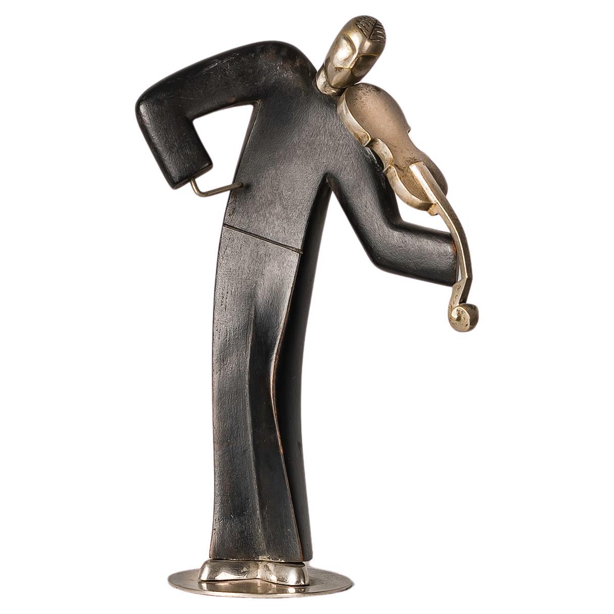 Franz Hagenauer, Violinist Sculpture, 1920s, Silvered Bronze & Wood