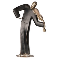 Vintage Franz Hagenauer, Violinist Sculpture, 1920s, Silvered Bronze & Wood