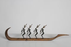 Franz Hagenauer Wooden Canoe with 4 Standing African Paddlers
