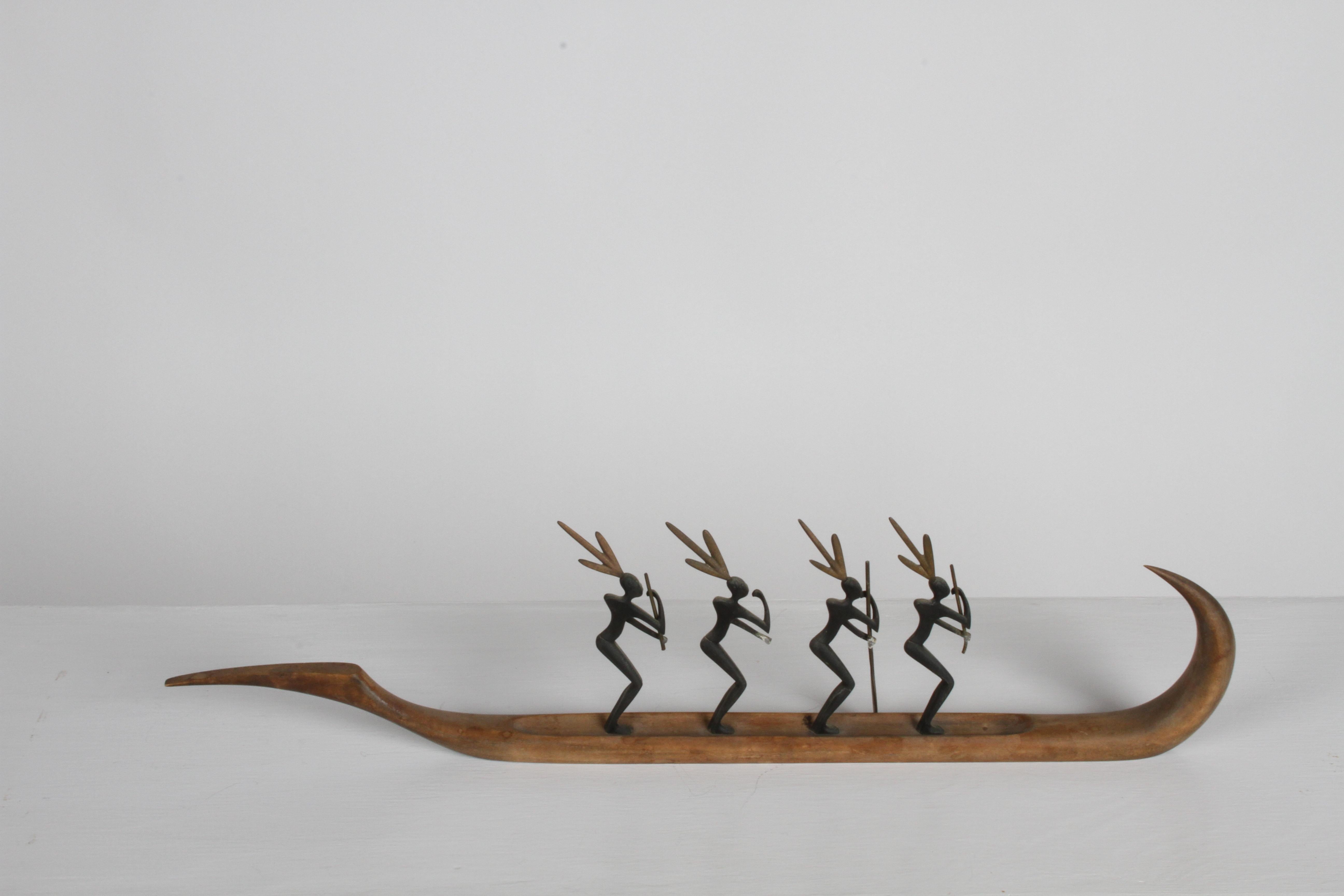 Bronze Franz Hagenauer Wooden Canoe with 4 Standing African Paddlers