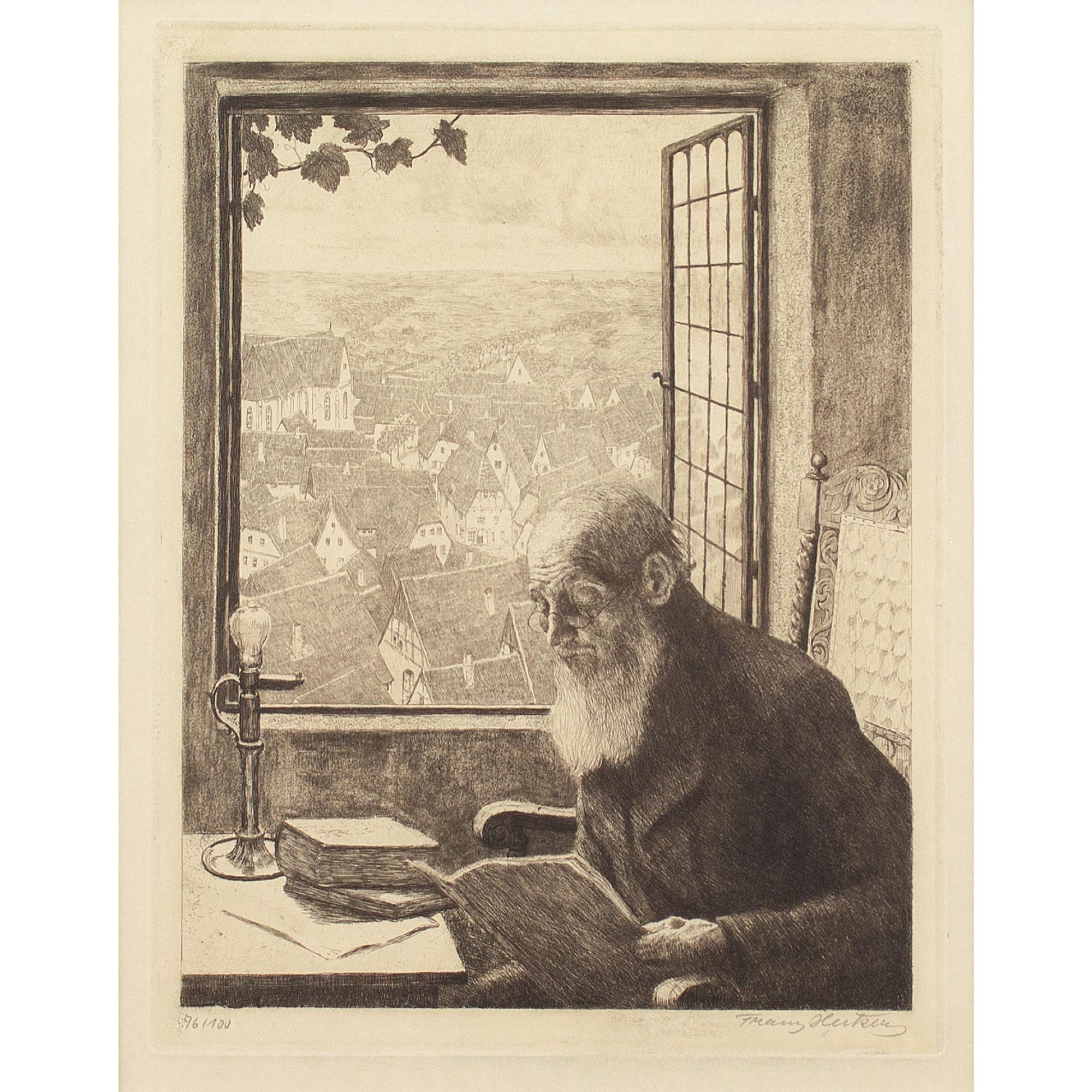 This exquisite early 20th-century etching by German artist Franz Hecker (1870-1944) depicts an elderly gentleman reading by a window. A view across the picturesque town of Osnabrück, with its quaint timber-framed buildings, extends into the