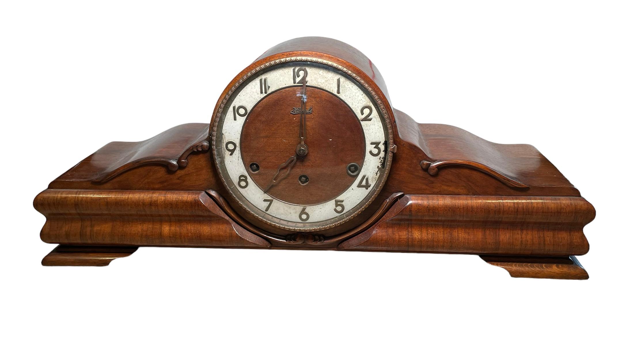 Carved Franz Hermle German Tambour Mantle Clock For Sale