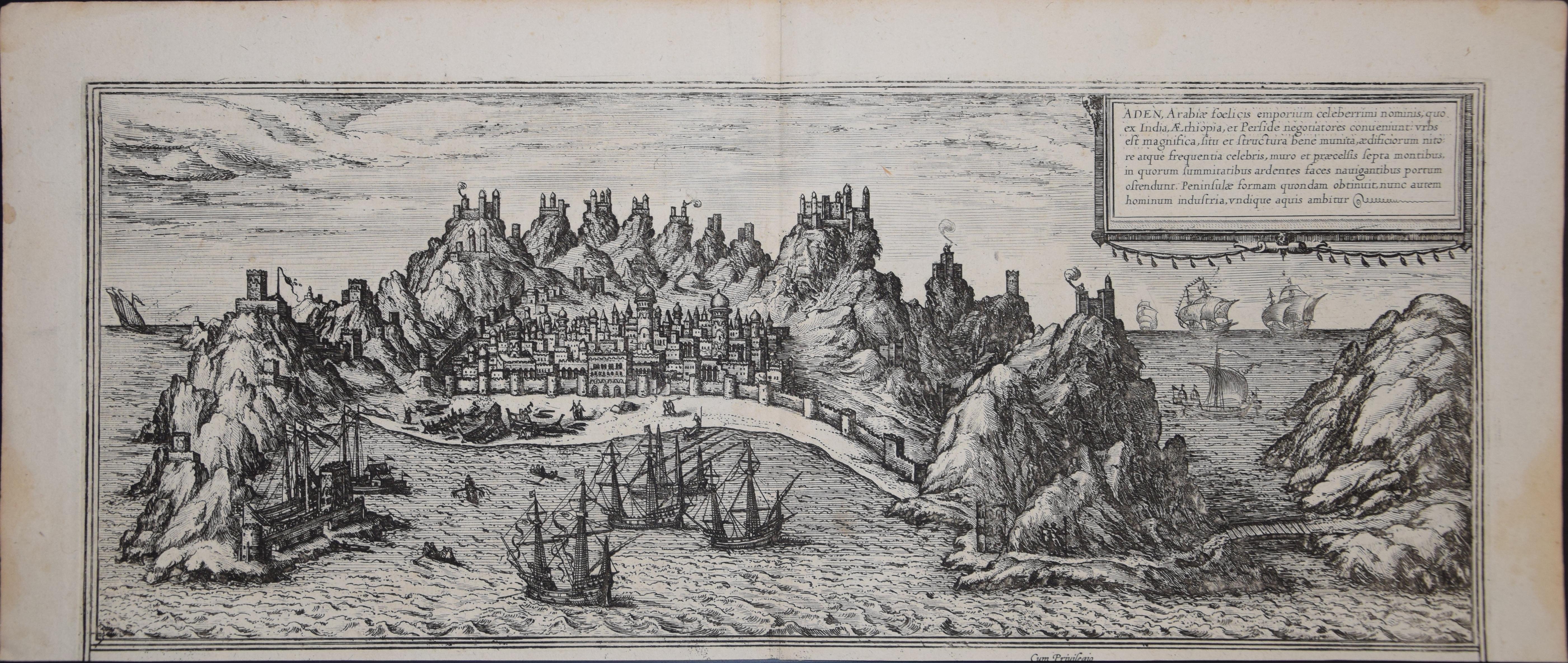 Frans Hogenberg Landscape Print - Aden, Map from "Civitates Orbis Terrarum" - by F. Hogenberg - 1575