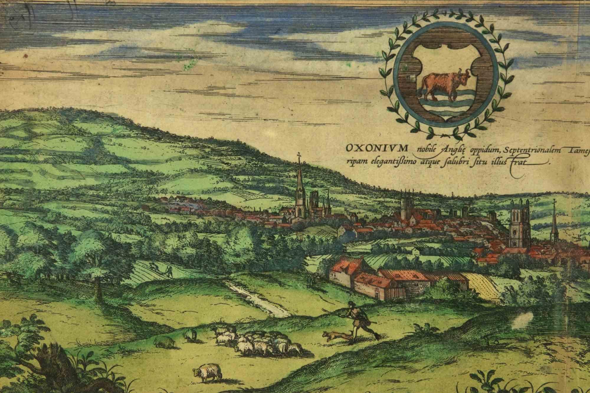 Ancienne vue de l'Oxonium - eau-forte de G. Braun et F. Hogenberg - 17ème siècle - Marron Landscape Print par Frans Hogenberg