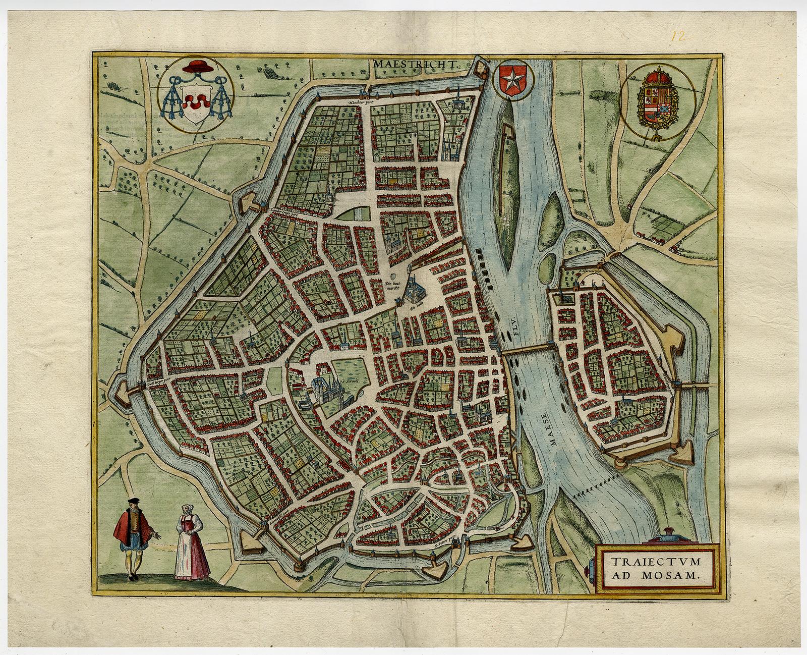 Antique map of Maastricht by Braun - Hogenberg - Handcoloured engraving - 16th c - Print by Frans Hogenberg