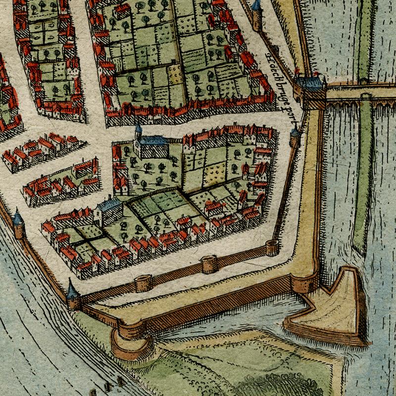 Antique map of Maastricht by Braun - Hogenberg - Handcoloured engraving - 16th c - Old Masters Print by Frans Hogenberg