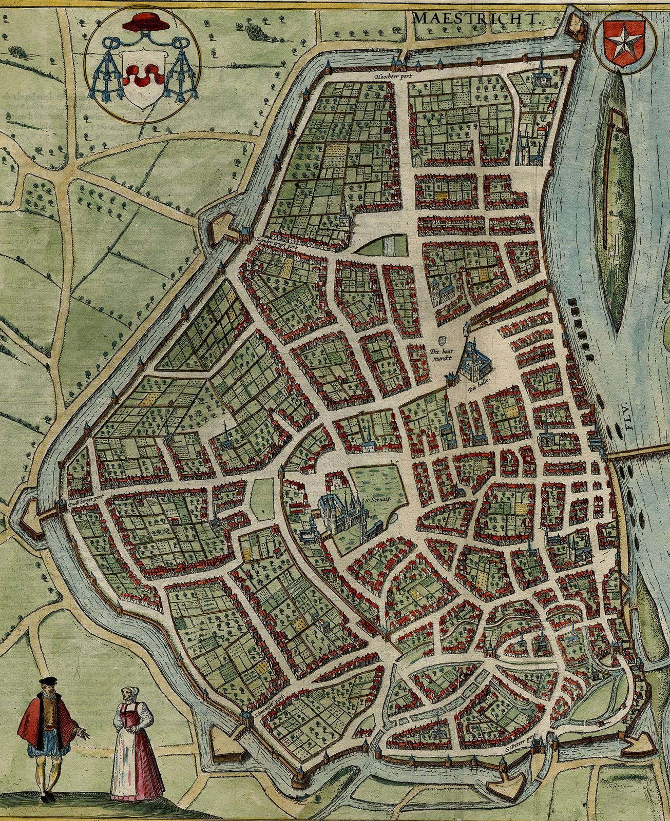Antique map of Maastricht by Braun - Hogenberg - Handcoloured engraving - 16th c For Sale 2