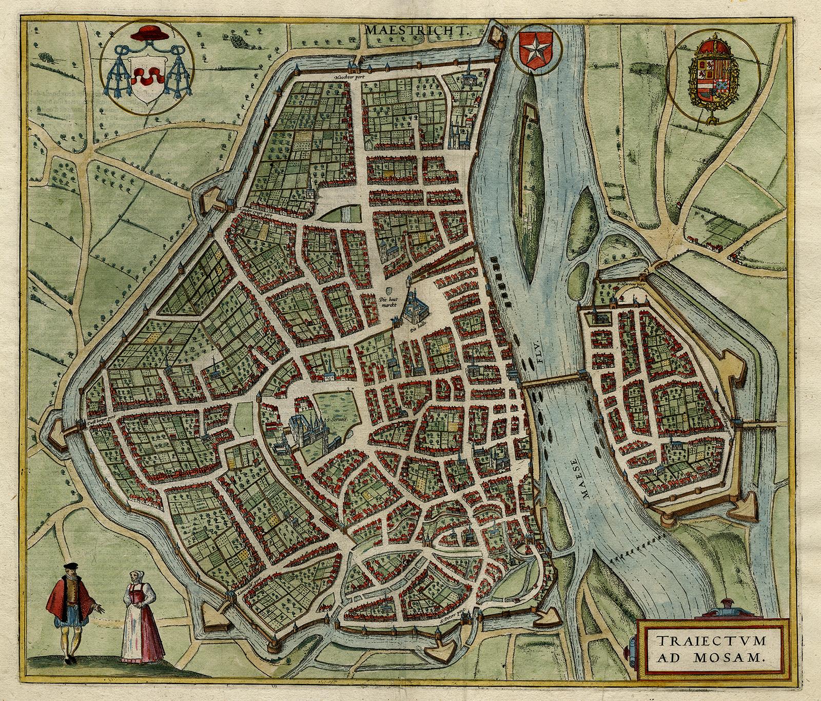 Frans Hogenberg Print - Antique map of Maastricht by Braun - Hogenberg - Handcoloured engraving - 16th c