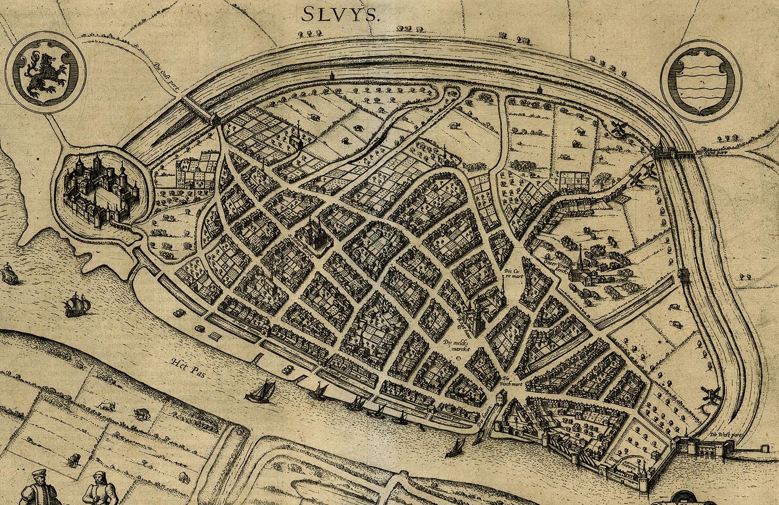Antique map - Sluis (Sluys) in Zeeland by Braun - Hogenberg - Engraving - 16th c - Beige Print by Frans Hogenberg