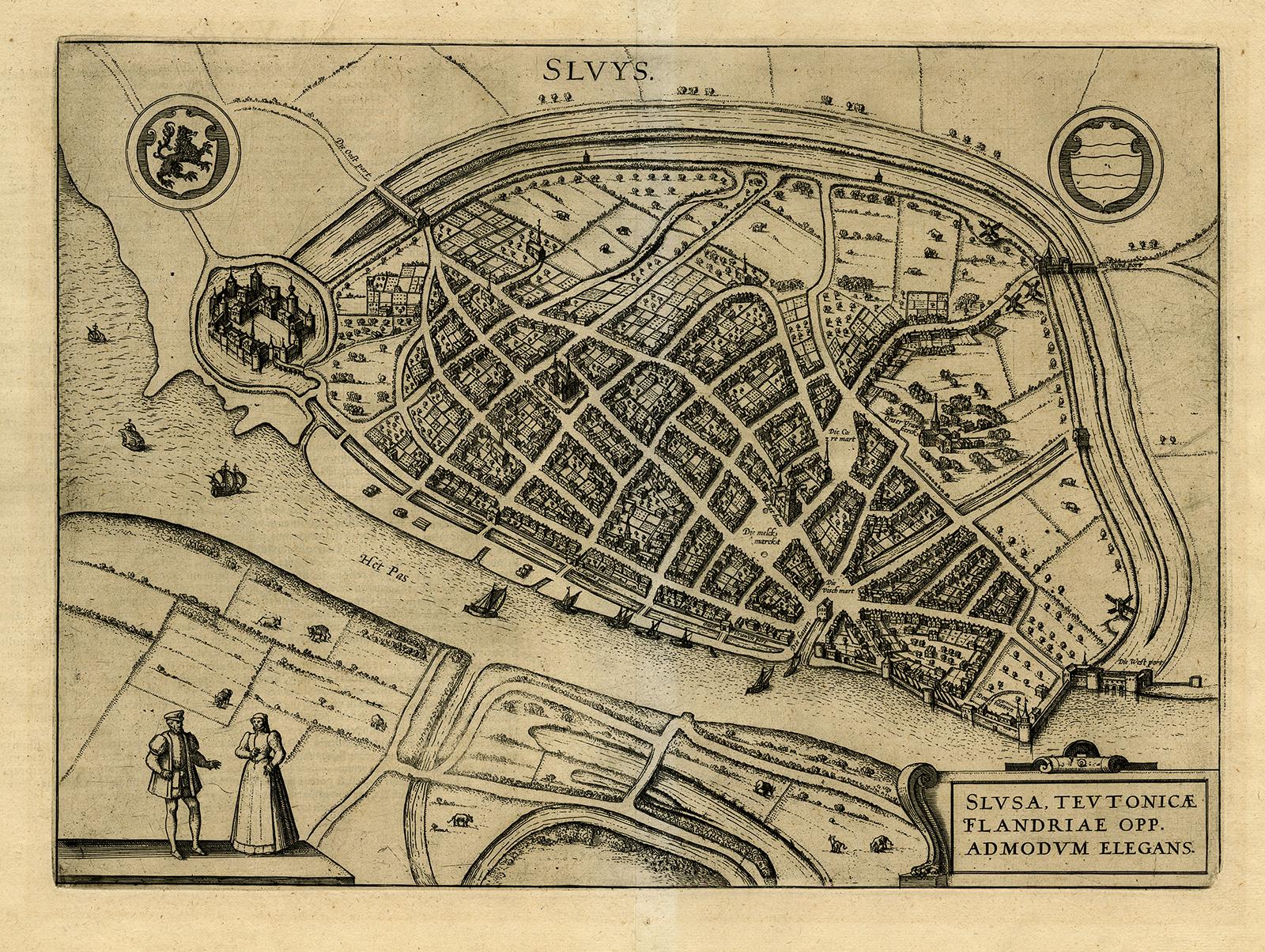 Frans Hogenberg Print - Antique map - Sluis (Sluys) in Zeeland by Braun - Hogenberg - Engraving - 16th c
