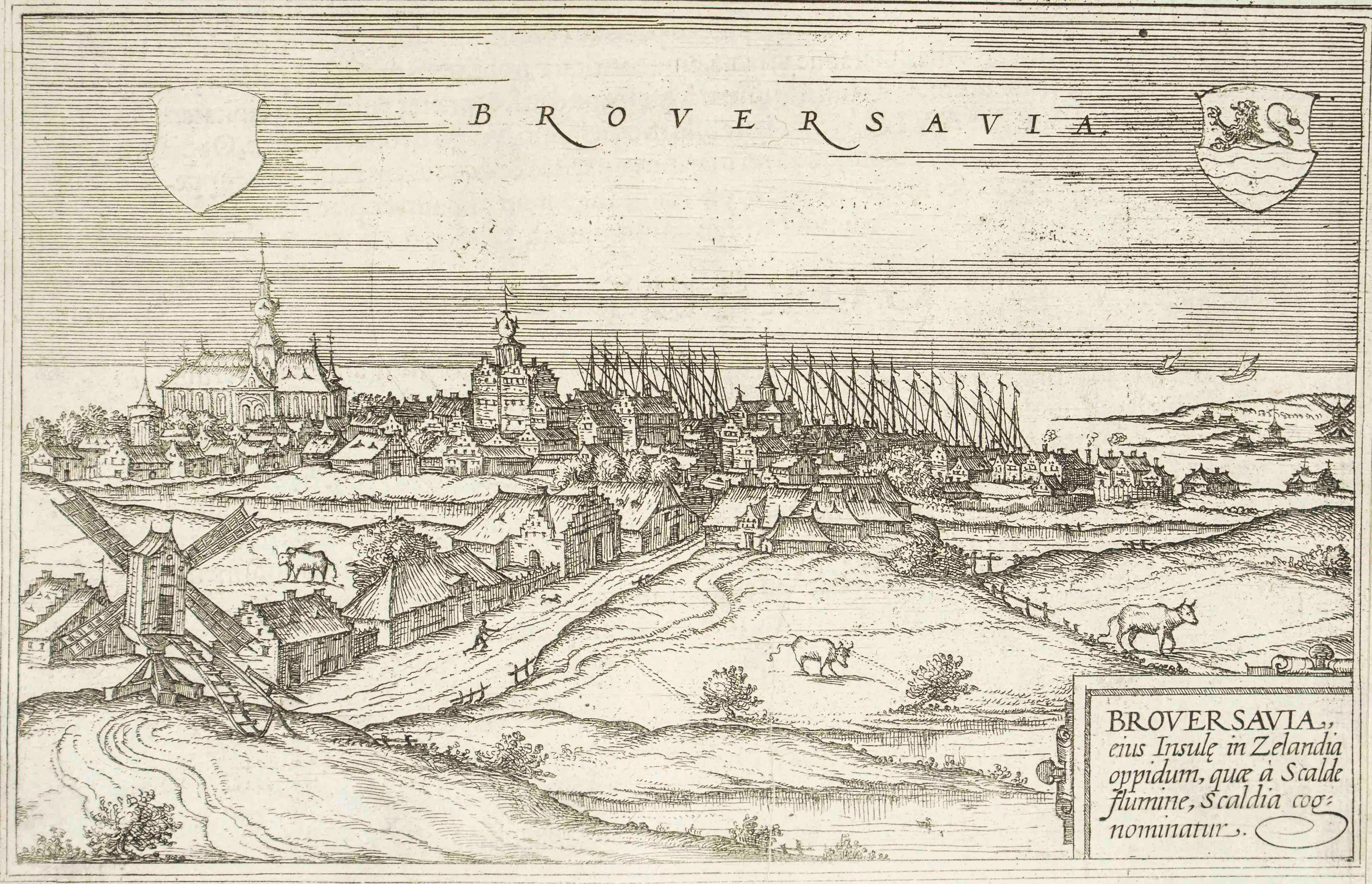 Frans Hogenberg Landscape Print - Broversavia, Map from "Civitates Orbis Terrarum" - by F.Hogenberg - 1575