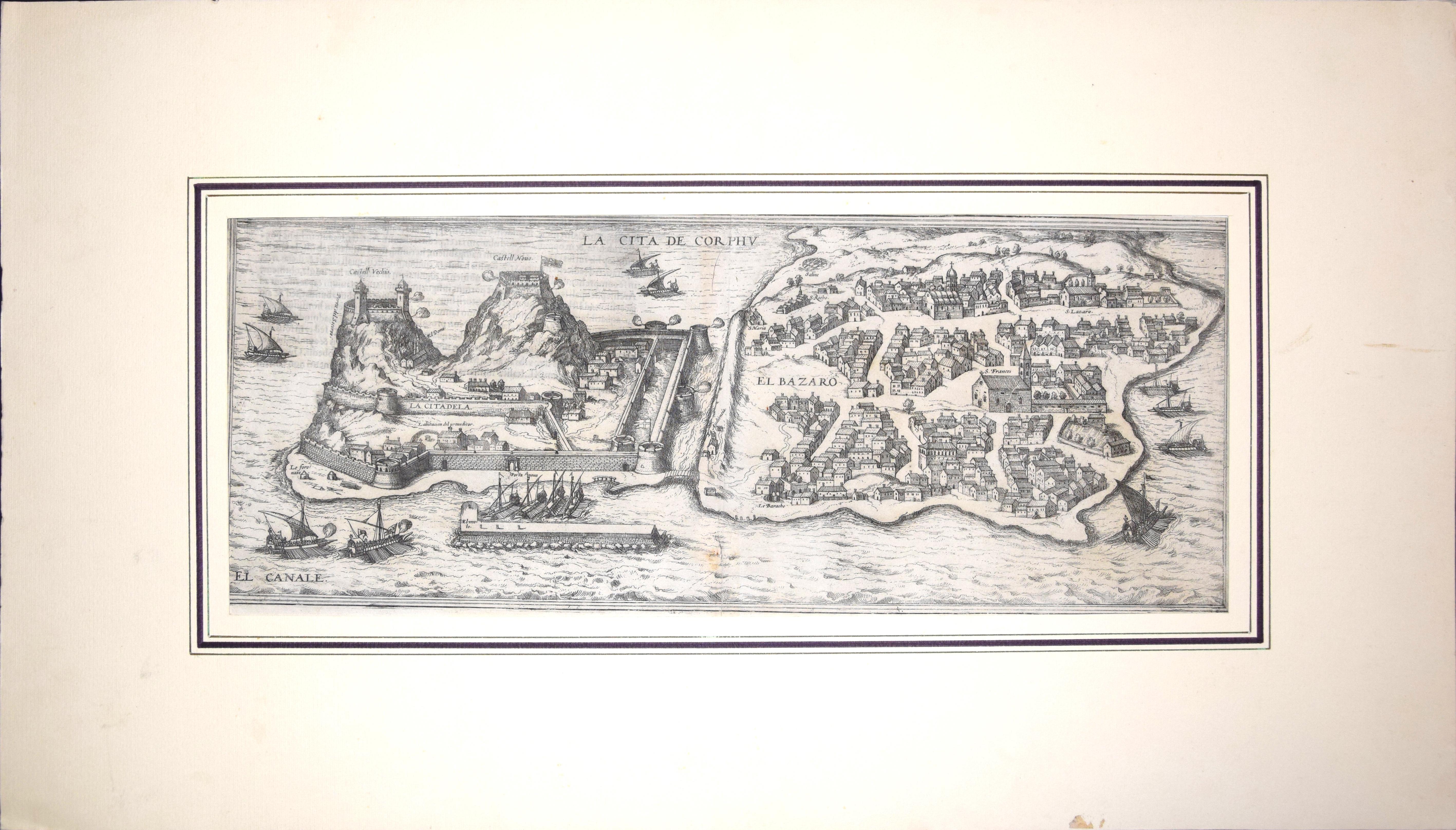 Frans Hogenberg Landscape Print - Corfu, Big Antique Map from "Civitates Orbis Terrarum" - 1572-1617