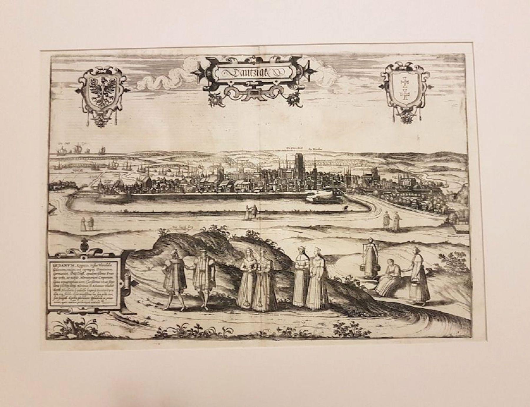 Frans Hogenberg Landscape Print - Danzig, Antique Map from "Civitates Orbis Terrarum" - 1572-1617