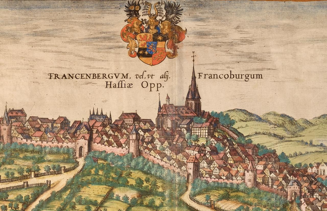 Frankfort, Allemagne : Une carte du XVIe siècle colorée à la main par Braun & Hogenberg - Print de Frans Hogenberg
