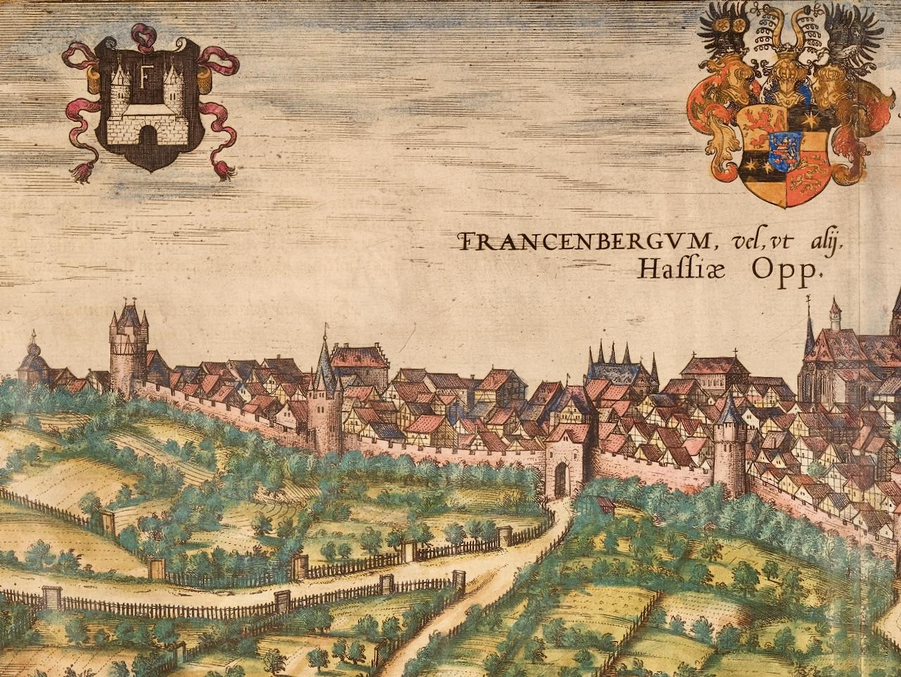 Frankfort, Allemagne : Une carte du XVIe siècle colorée à la main par Braun & Hogenberg - Maîtres anciens Print par Frans Hogenberg