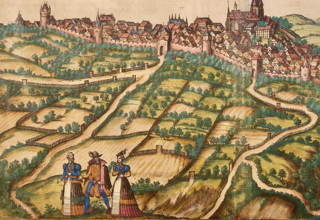 Frankfort, Deutschland: Eine handkolorierte Karte aus dem 16. Jahrhundert von Braun & Hogenberg (Alte Meister), Print, von Frans Hogenberg
