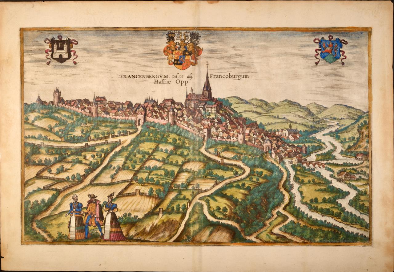 Frankfort, Germany: A 16th Century Hand-colored Map by Braun & Hogenberg