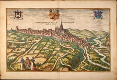 Frankfort, Allemagne : Une carte du XVIe siècle colorée à la main par Braun & Hogenberg