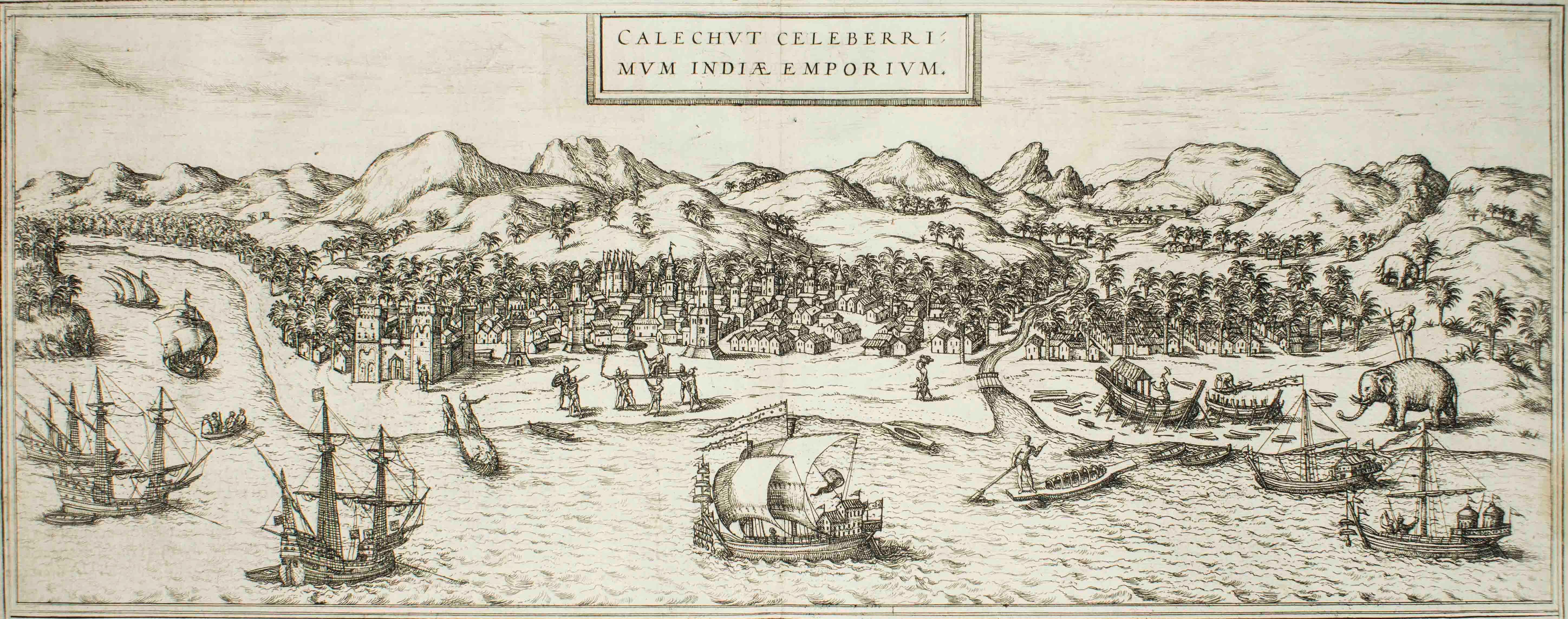 Frans Hogenberg Figurative Print - Kolkata (Calecut), Map from "Civitates Orbis Terrarum" - by F. Hogenberg - 1575