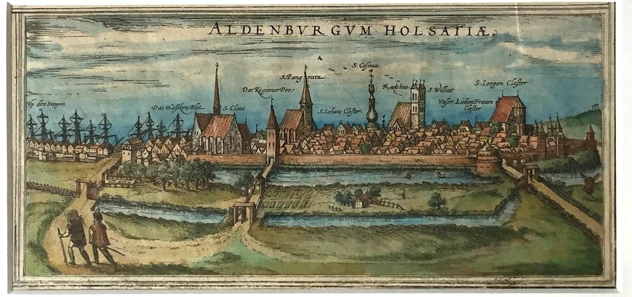 Frans Hogenberg Landscape Print - Map of Aldenburgum Holsatie - From "Civitates Orbium Terrarum" - 1575