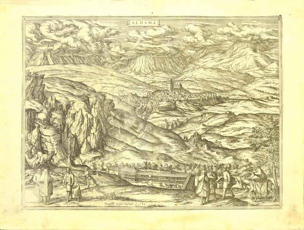Frans Hogenberg Figurative Print - Map of Alhama - Etching by G. Braun and F. Hogenberg - Late 16th Century