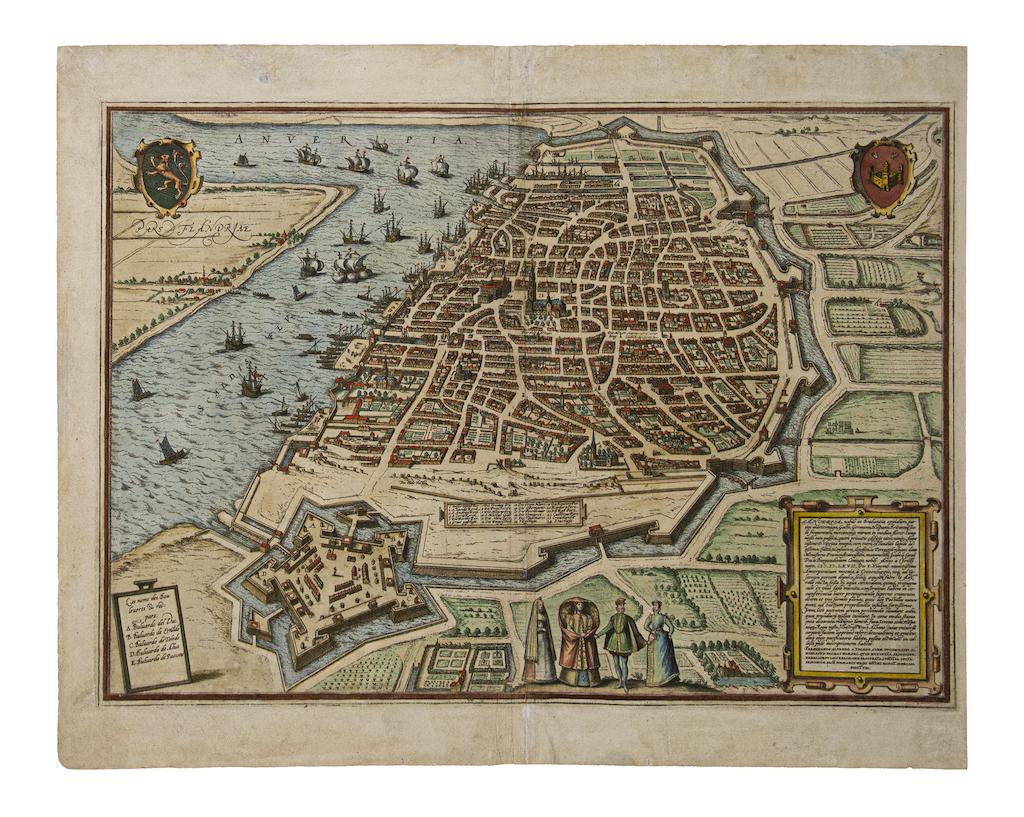 Frans Hogenberg Figurative Print - Map of Antwerp - Etching by G.Braun and F. Hogenberg -Late 16th century