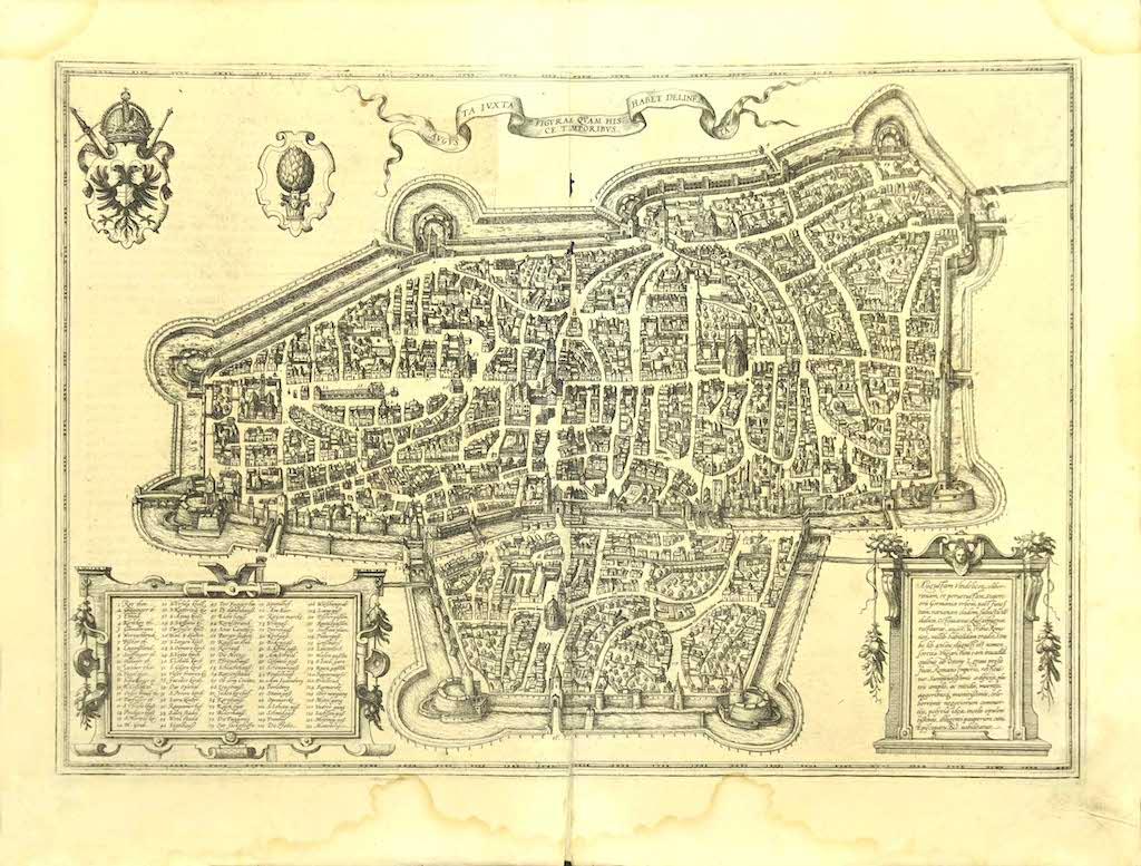 Frans Hogenberg Figurative Print - Map of Augsburg -  Etching by G. Braun e F. Hogenberg - Late 16th Century