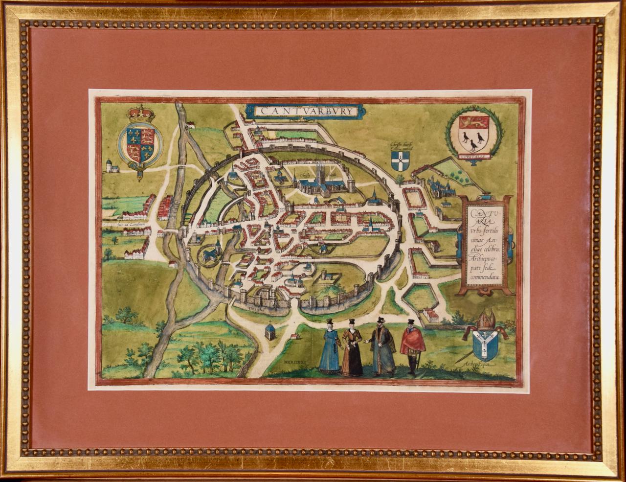 Canterbury : Une carte originale du 16e C. encadrée et coloriée à la main par Braun & Hogenberg - Print de Frans Hogenberg