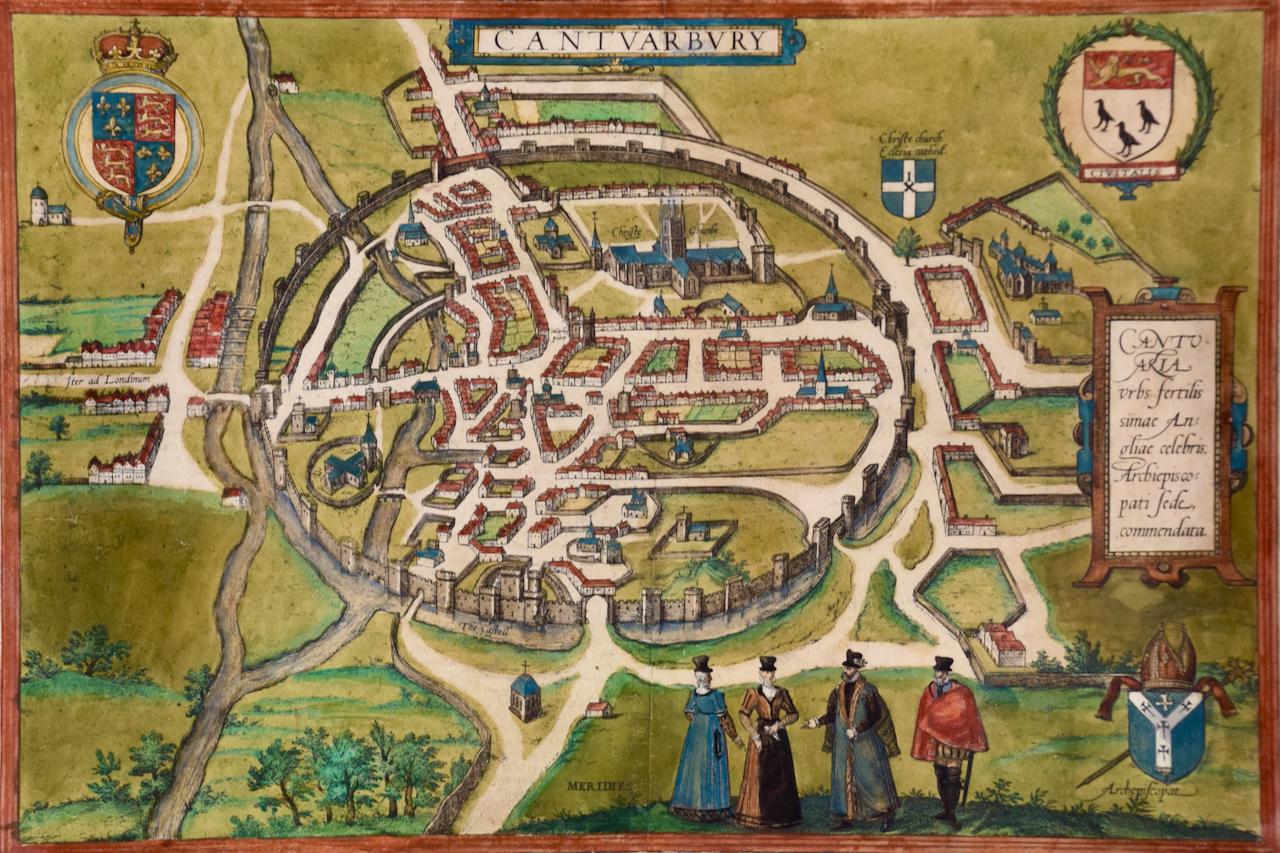 Canterbury : Une carte originale du 16e C. encadrée et coloriée à la main par Braun & Hogenberg - Maîtres anciens Print par Frans Hogenberg