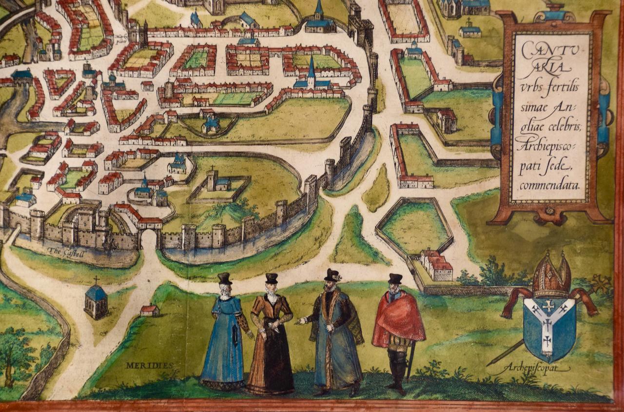 Il s'agit d'une carte encadrée du XVIe siècle et d'une vue de Canterbury, en Angleterre, intitulée 