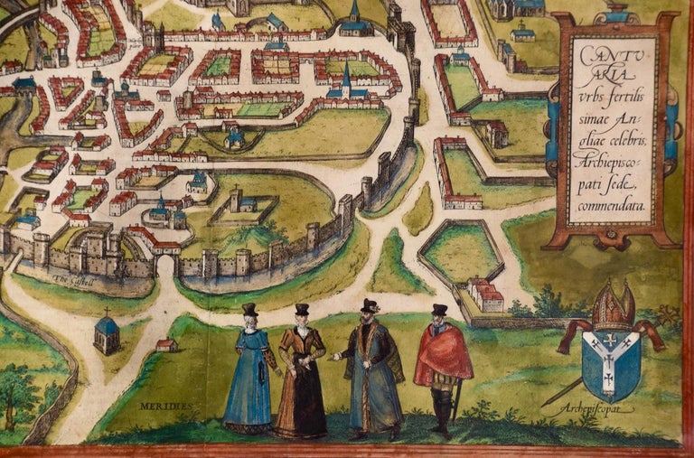 This is a framed 16th century map and city view of Canterbury, England entitled 