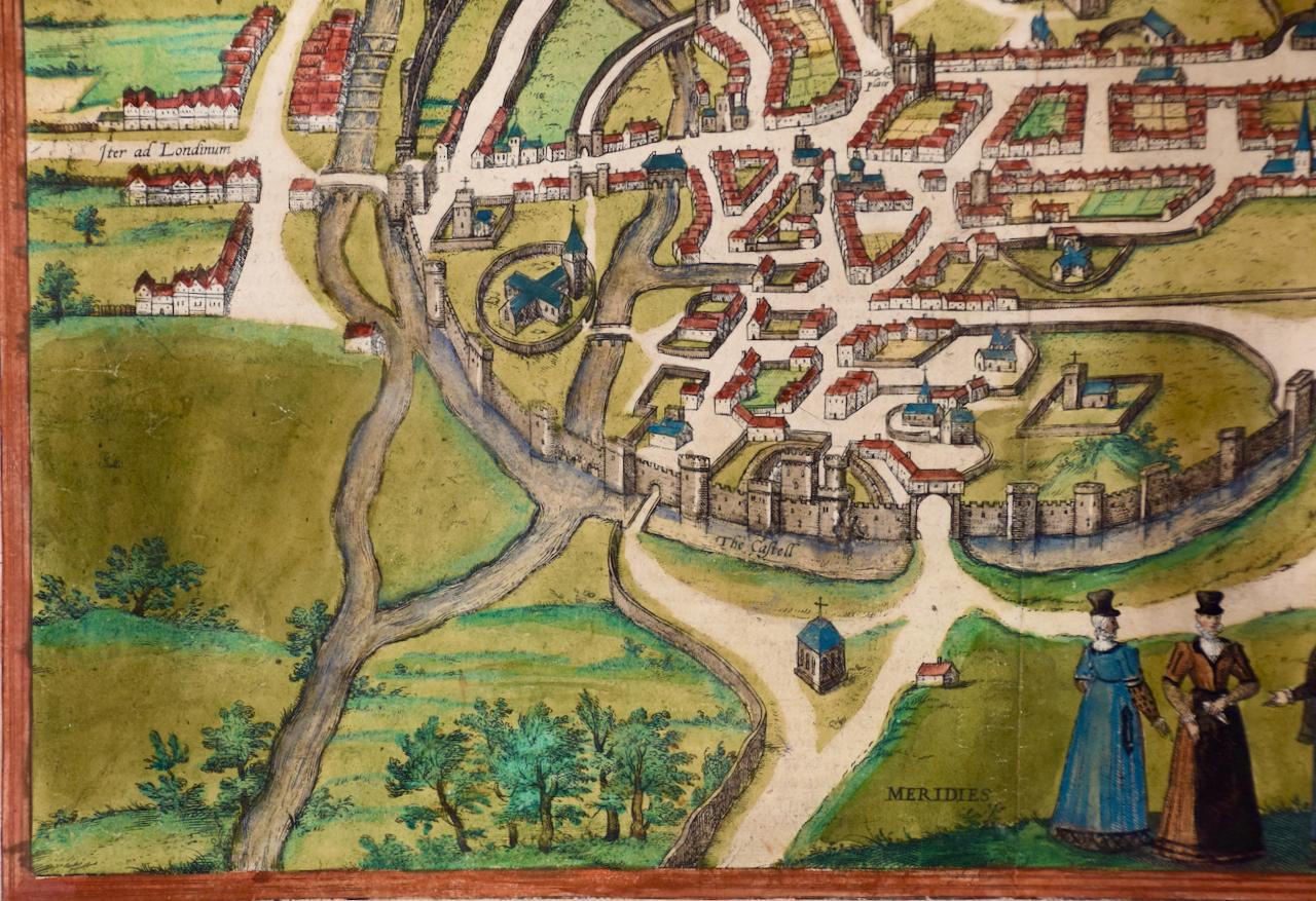 Canterbury: An Original 16th C. Framed Hand-colored Map by Braun & Hogenberg - Old Masters Print by Frans Hogenberg
