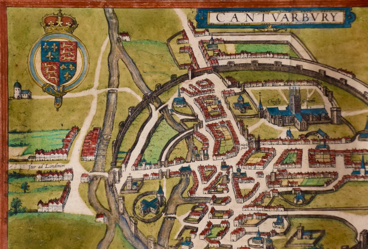 Canterbury: An Original 16th C. Framed Hand-colored Map by Braun & Hogenberg - Brown Landscape Print by Frans Hogenberg