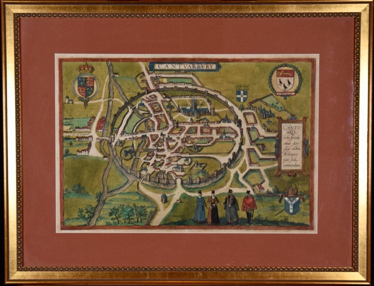 Frans Hogenberg Landscape Print - Map of Canterbury; A 16th Century Framed Hand-colored Map by Braun & Hogenberg