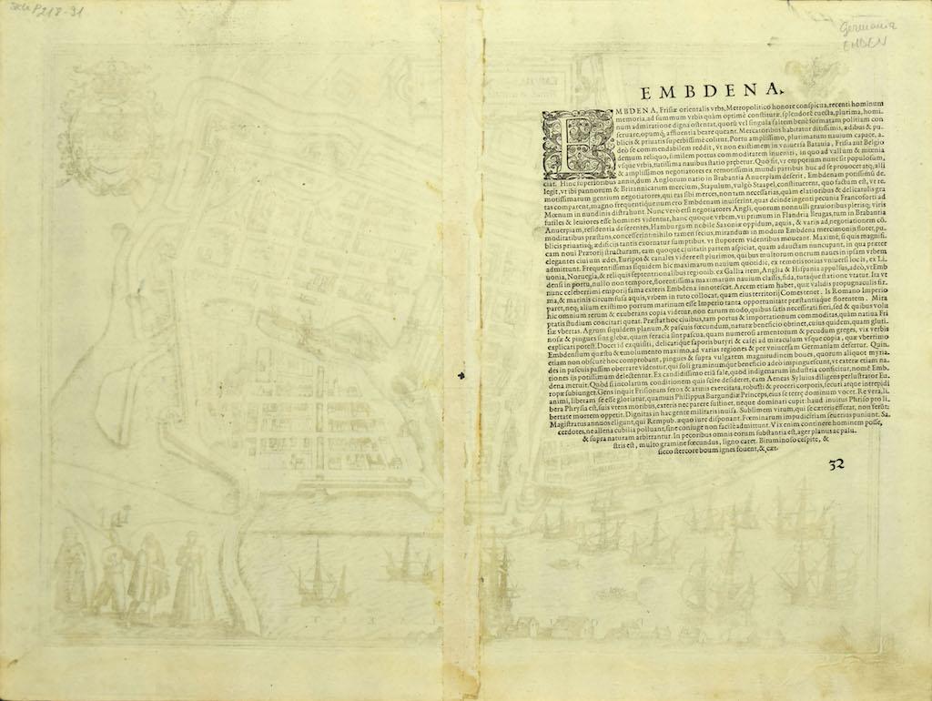 Map of Embden - Original Etching by G. Braun e F. Hogenberg - Late 16th Century - Print by Frans Hogenberg