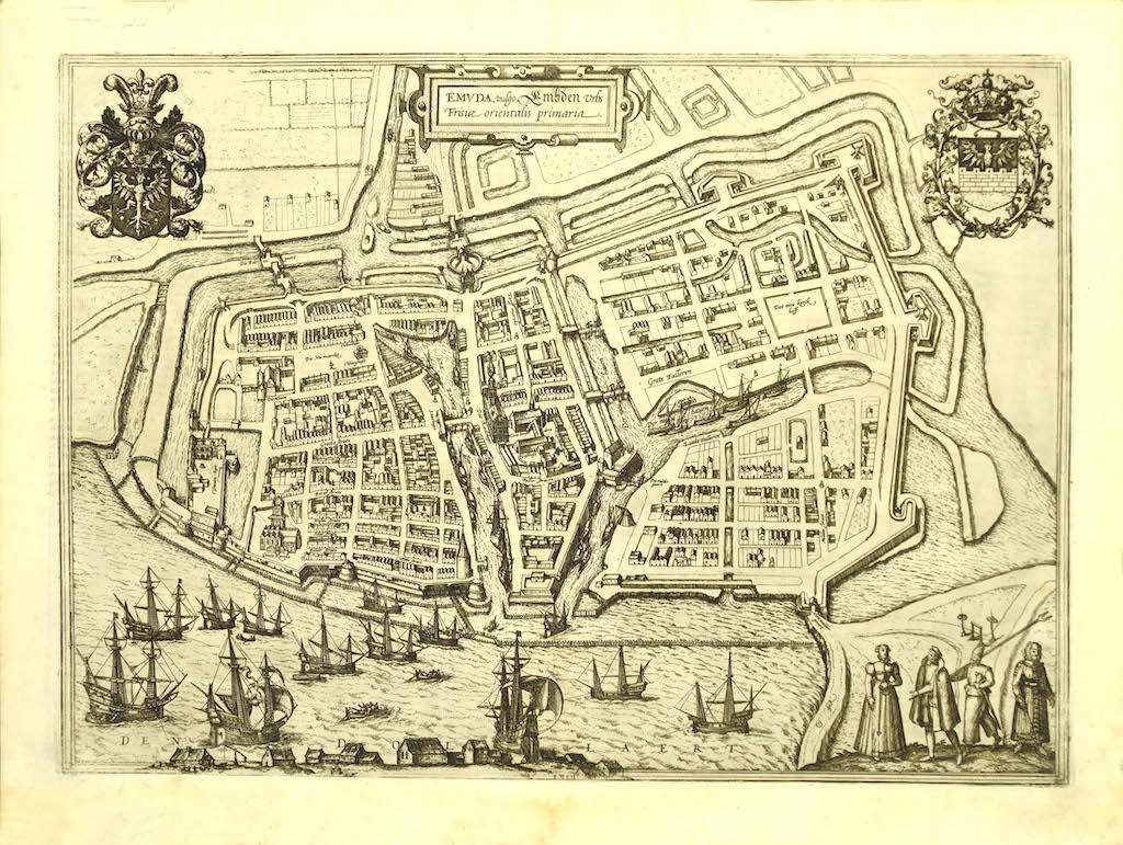 Frans Hogenberg Figurative Print - Map of Embden - Original Etching by G. Braun e F. Hogenberg - Late 16th Century