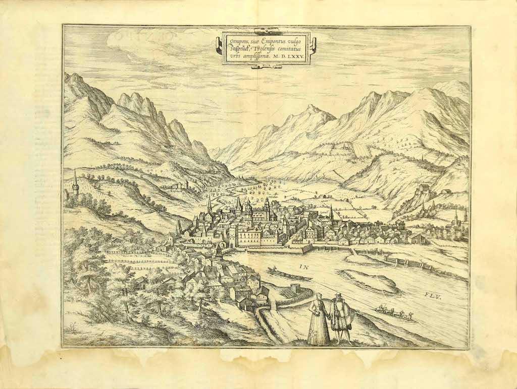 Frans Hogenberg Landscape Print - Map of Innsbruck  - Etching by G. Braun and F. Hogenberg - Late 16th Century