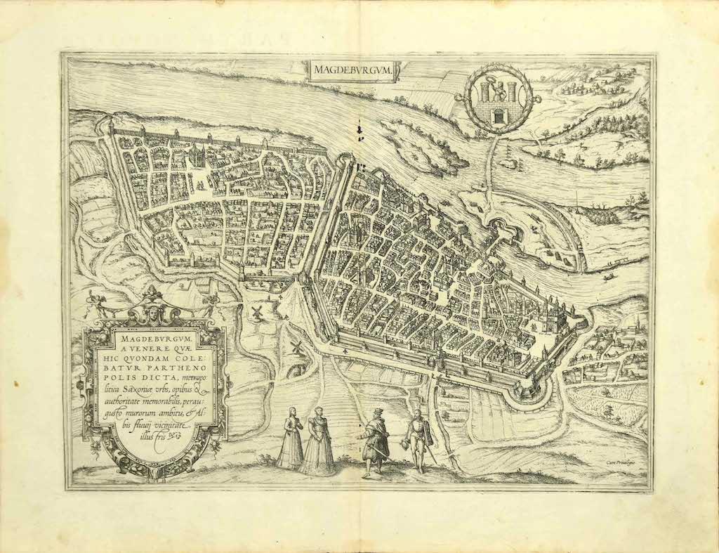 Frans Hogenberg Figurative Print - Map of Magdeburg - Etching by G. Braun e F. Hogenberg - Late 16th Century