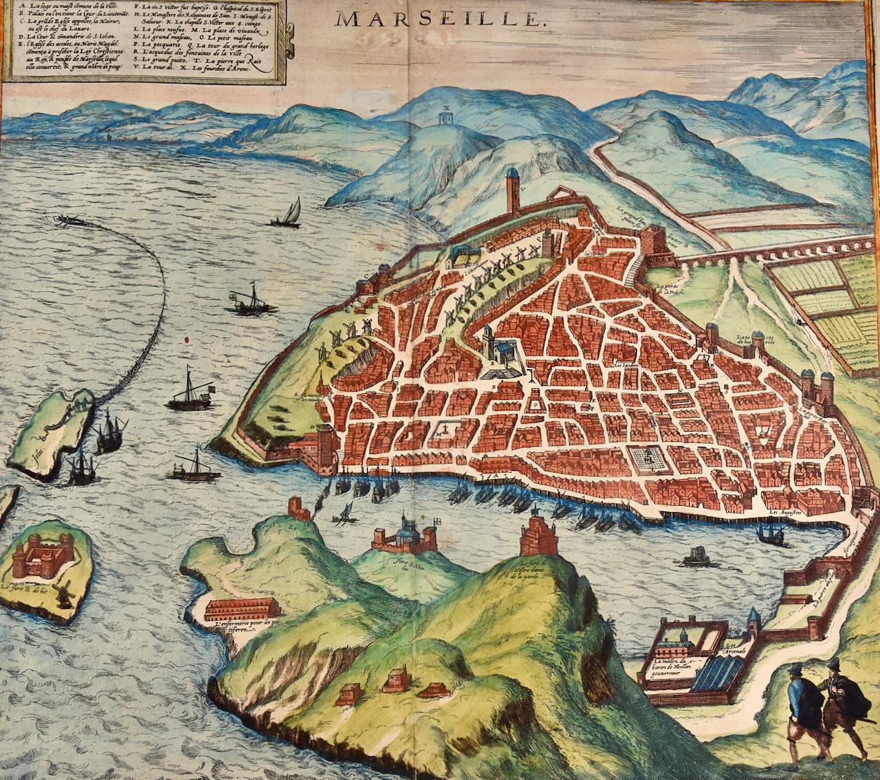 Map of Marseilles, France: A 16th Century Hand-colored Map by Braun & Hogenberg - Print by Frans Hogenberg