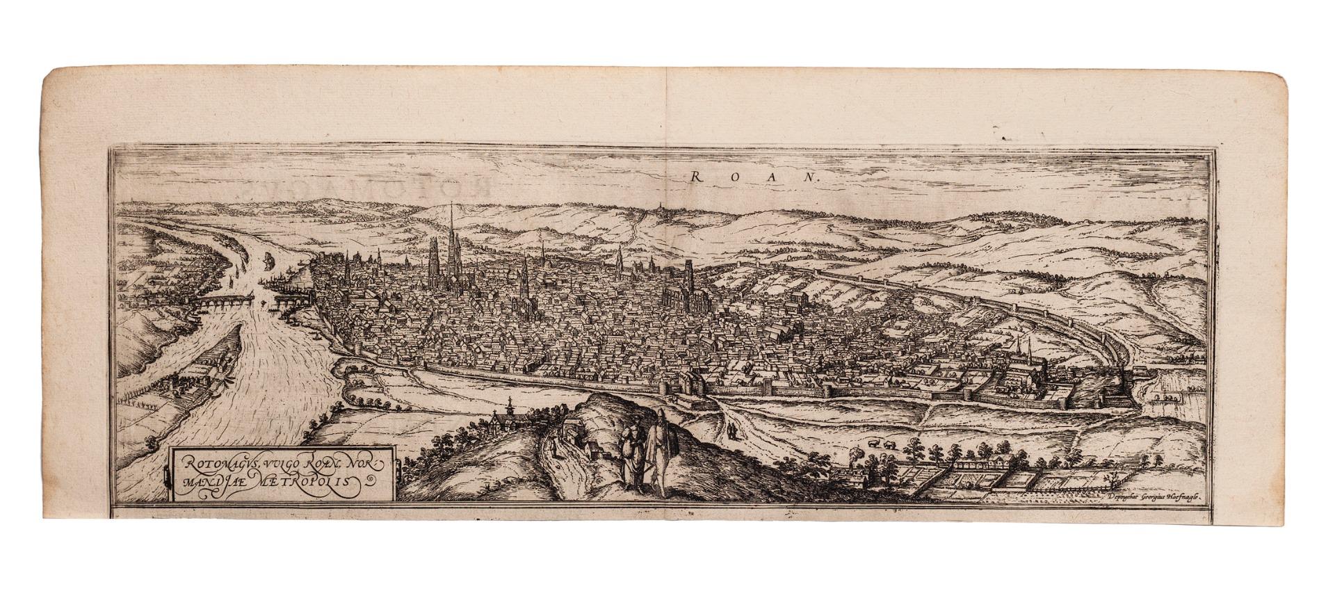 Frans Hogenberg Landscape Print - Map of  Rouen - Original Etching by G.Braun and F. Hogenberg - Late 16th Century