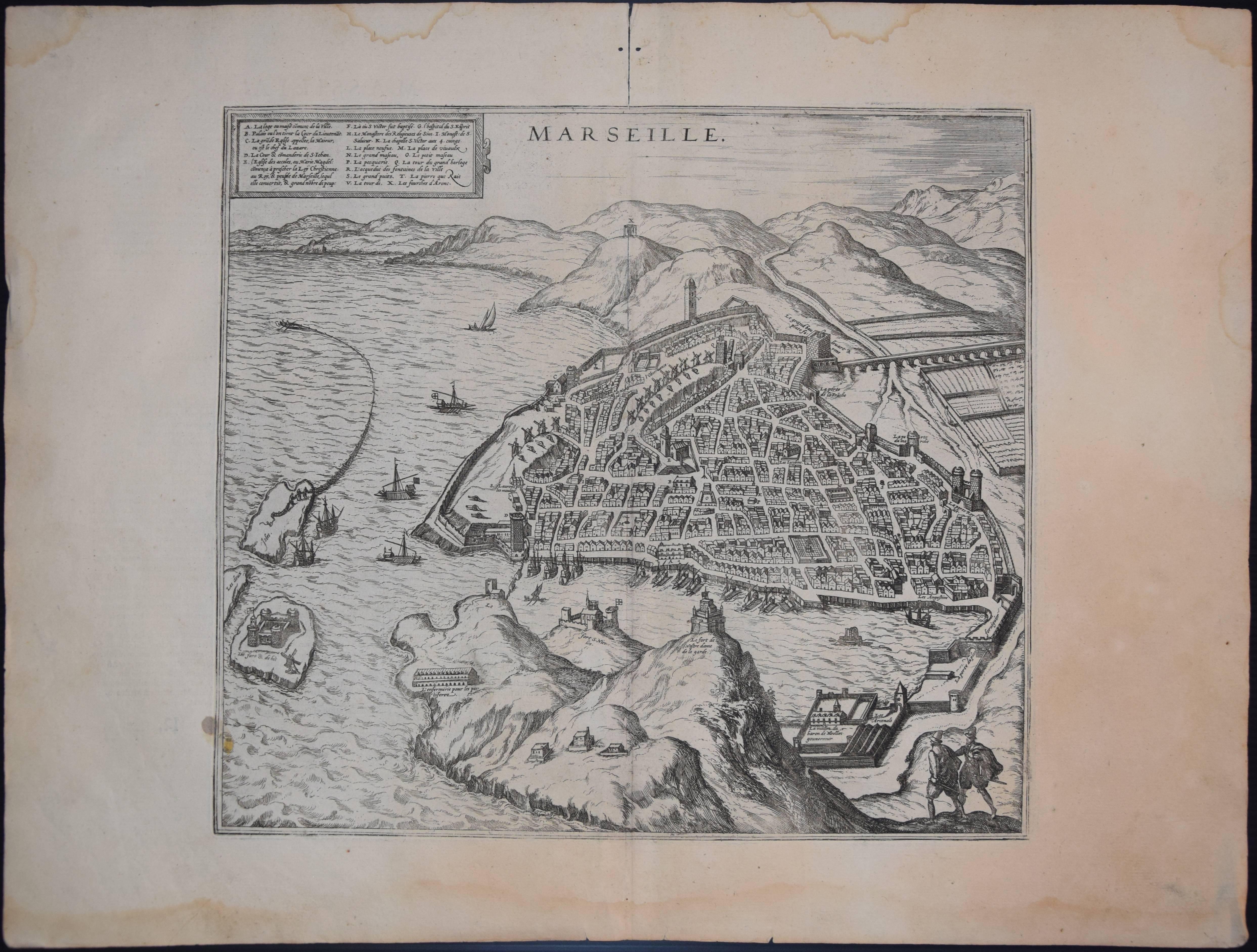 Frans Hogenberg Landscape Print - Marseille, Antique Map from "Civitates Orbis Terrarum"