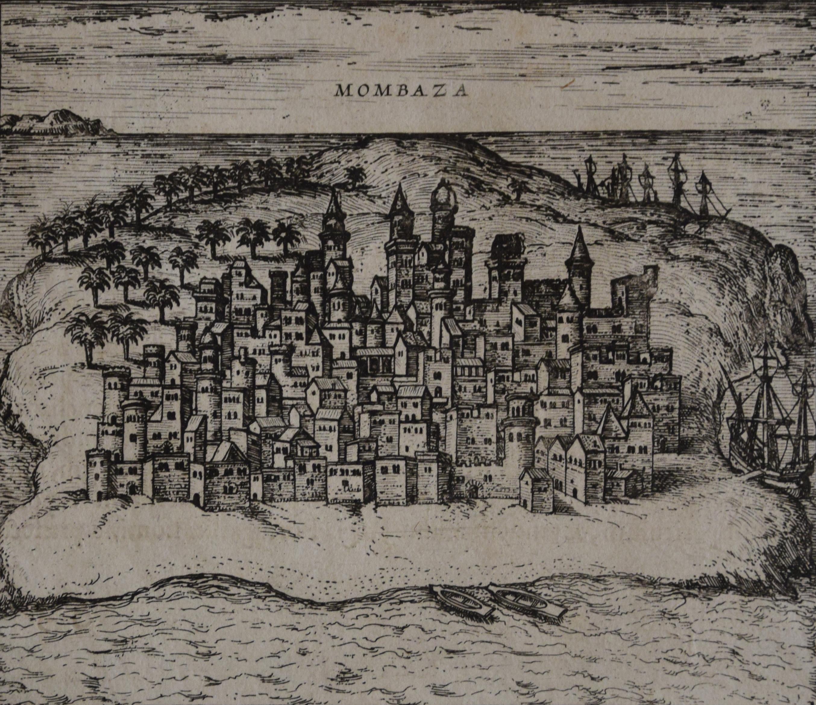 Frans Hogenberg Landscape Print - Mombasa, Antique Map from "Civitates Orbis Terrarum"